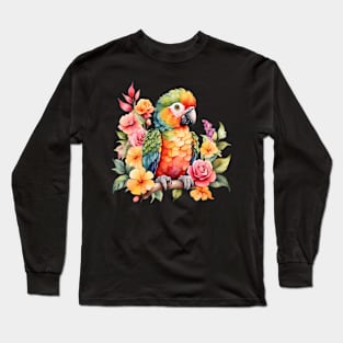 A parrot decorated with beautiful watercolor flowers Long Sleeve T-Shirt